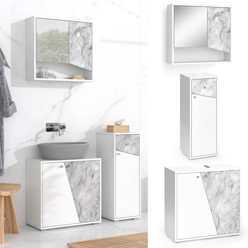 Vicco Badm&ouml;belset Irida Wei&szlig; Marmor-Optik modern Badezimmerschrank Badschrank Badezimmerm&ouml;bel Waschtischunterschrank Spiegelschrank Midischrank Schrankt&uuml;r Schrankfach Ablage Aufbewahrung - Bild 1