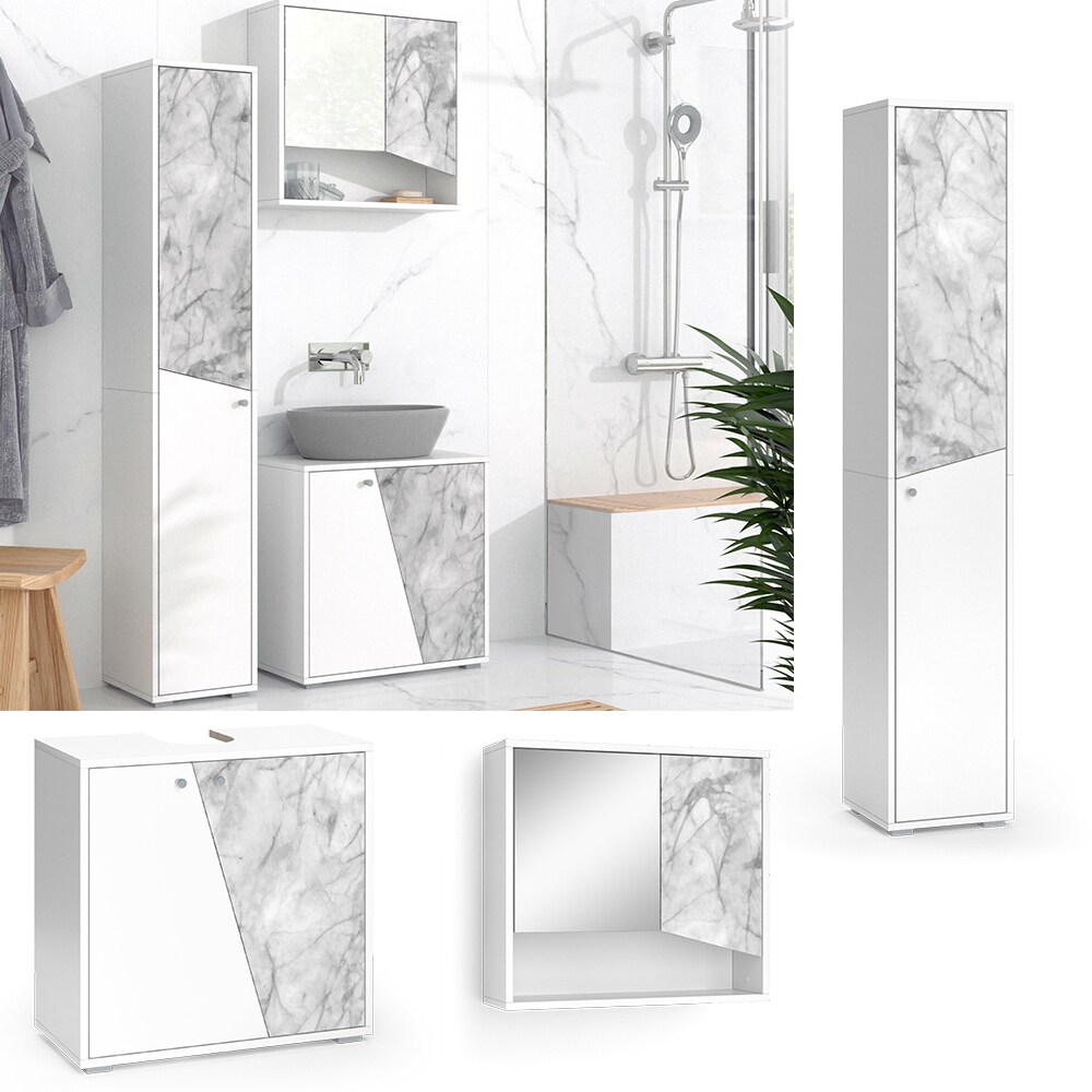 Vicco Badm&ouml;belset Irida Wei&szlig; Marmor-Optik modern Badezimmerschrank Badschrank Badezimmerm&ouml;bel Waschtischunterschrank Spiegelschrank Hochschrank Schrankt&uuml;r Schrankfach Ablage Aufbewahrung - Bild 1