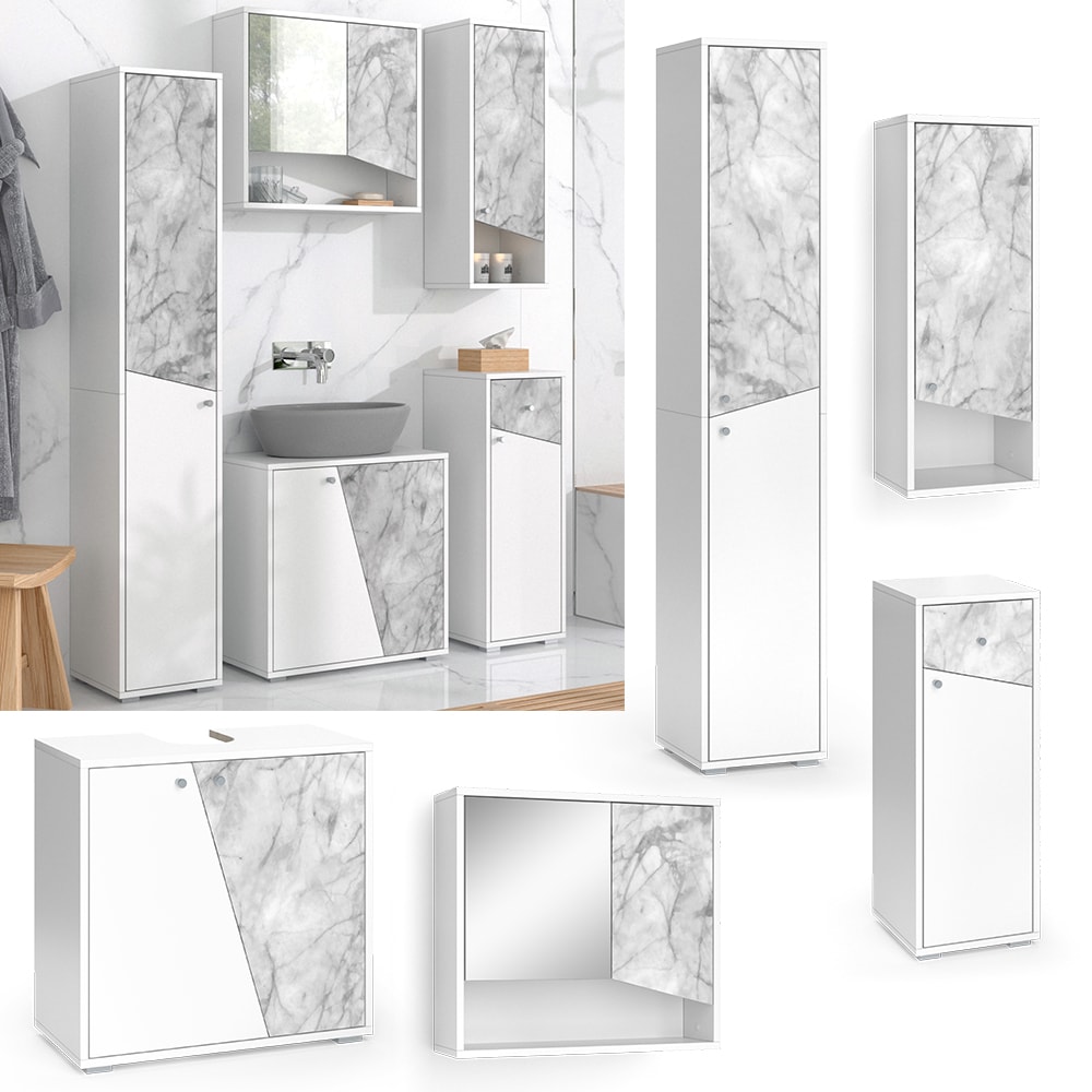Vicco Badm&ouml;belset Irida Wei&szlig; Marmor-Optik modern Badezimmerschrank Badschrank Badezimmerm&ouml;bel Waschtischunterschrank Spiegelschrank Midischrank H&auml;ngeschrank Hochschrank Schrankt&uuml;r Schrankfach - Bild 1