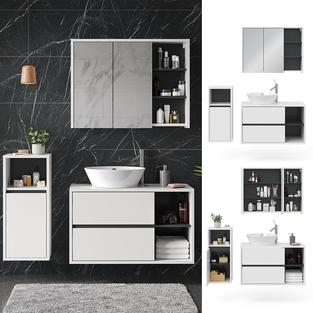 Vicco Badm&ouml;belset Viola Wei&szlig; Anthrazit modern Badezimmerschrank Badschrank Badezimmerm&ouml;bel Waschtischunterschrank Spiegelschrank Midischrank Schrankt&uuml;r Schrankfach Ablage Aufbewahrung - Bild 1