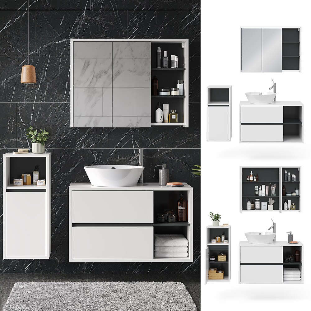 Vicco Badmöbelset Viola Weiß Anthrazit modern Badezimmerschrank Badschrank Badezimmermöbel Waschtischunterschrank Spiegelschrank Midischrank Schranktür Schrankfach Ablage Aufbewahrung
