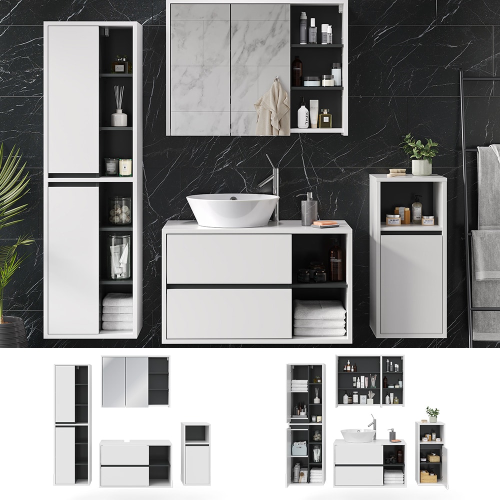 Vicco Badm&ouml;belset Viola Wei&szlig; Anthrazit modern Badezimmerschrank Badschrank Badezimmerm&ouml;bel Waschtischunterschrank Spiegelschrank Midischrank Hochschrank Schrankt&uuml;r Schrankfach Ablage Aufbewahrung - Bild 1