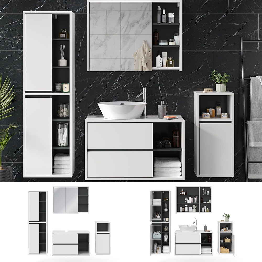 Vicco Badmöbelset Viola Weiß Anthrazit modern Badezimmerschrank Badschrank Badezimmermöbel Waschtischunterschrank Spiegelschrank Midischrank Hochschrank Schranktür Schrankfach Ablage Aufbewahrung