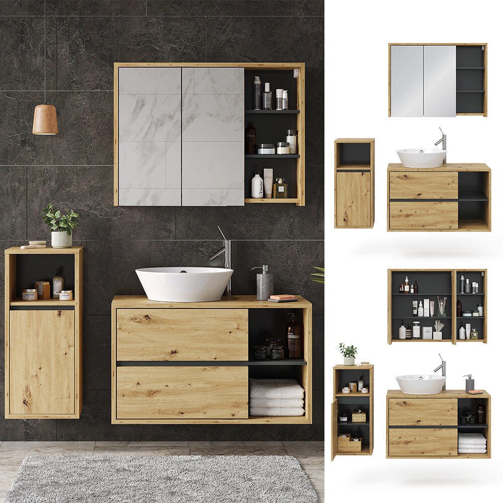 Vicco Badmöbelset Viola Eiche Anthrazit modern Badezimmerschrank Badschrank Badezimmermöbel Waschtischunterschrank Spiegelschrank Midischrank Schranktür Schrankfach Ablage Aufbewahrung