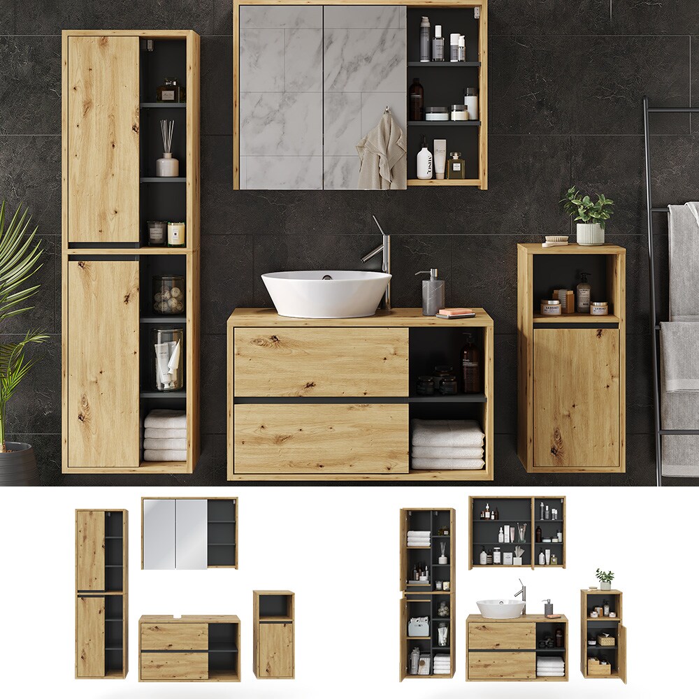 Vicco Badmöbelset Viola Eiche Anthrazit modern Badezimmerschrank Badschrank Badezimmermöbel Waschtischunterschrank Spiegelschrank Midischrank Hochschrank Schranktür Schrankfach Ablage Aufbewahrung