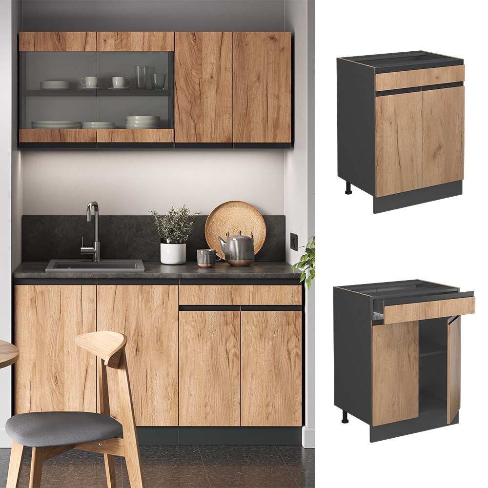 Vicco Schubunterschrank K&uuml;chenschrank K&uuml;chenm&ouml;bel R-Line J-Shape Anthrazit Eiche 60 cm modern - Bild 1