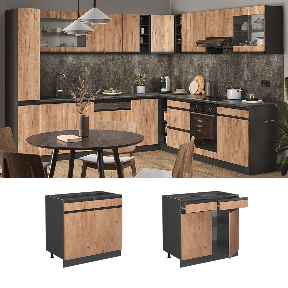 Vicco Schubunterschrank Küchenschrank Küchenmöbel R-Line J-Shape Anthrazit Eiche 80 cm modern