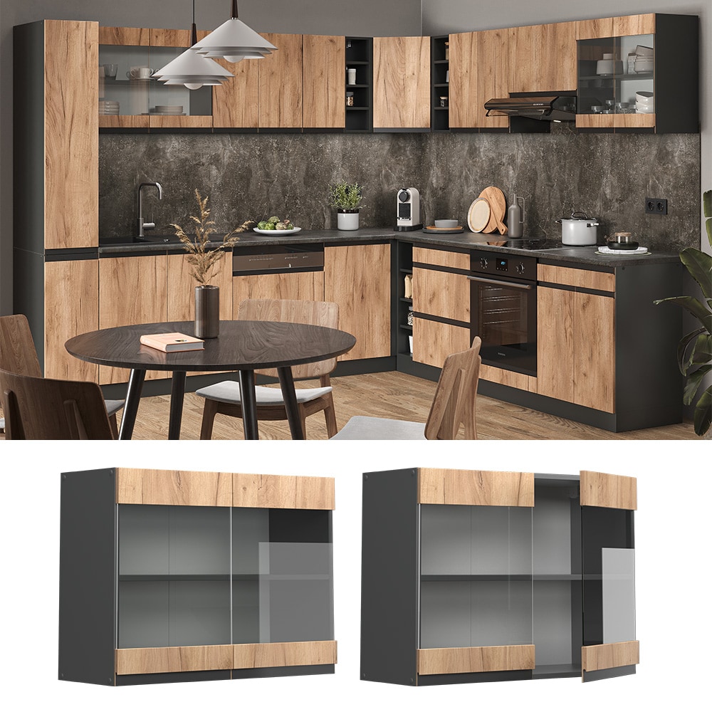 Vicco Glash&auml;ngeschrank K&uuml;chenschrank K&uuml;chenm&ouml;bel R-Line J-Shape Anthrazit Eiche 80 cm modern - Bild 1