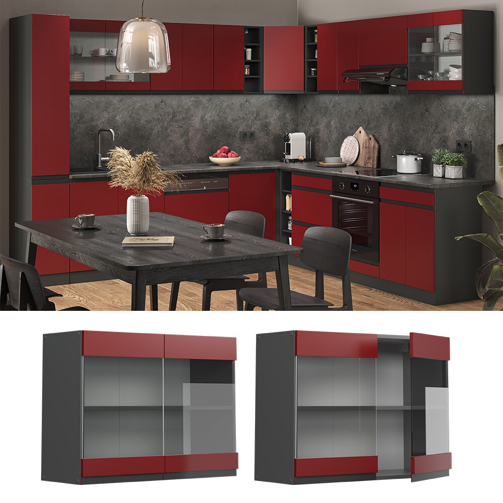 Vicco Glashängeschrank Küchenschrank Küchenmöbel R-Line J-Shape Anthrazit Rot 80 cm modern