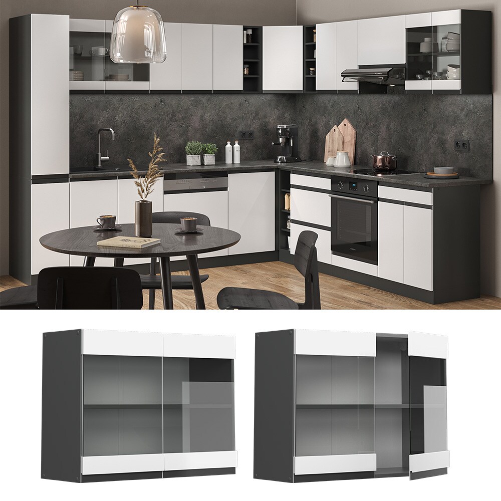 Vicco Glash&auml;ngeschrank K&uuml;chenschrank K&uuml;chenm&ouml;bel R-Line J-Shape Anthrazit Wei&szlig; 80 cm modern - Bild 1