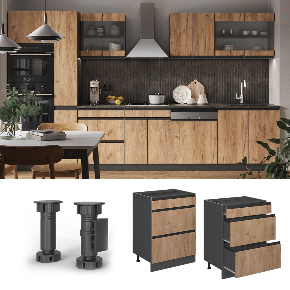 Vicco Schubladenunterschrank K&uuml;chenschrank K&uuml;chenm&ouml;bel R-Line J-Shape Anthrazit Eiche 60 cm modern - Bild 1