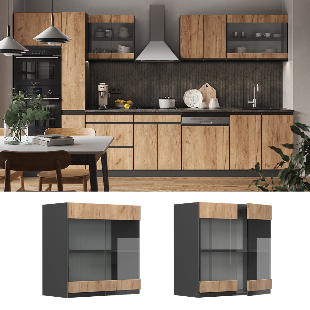 Vicco Glash&auml;ngeschrank K&uuml;chenschrank K&uuml;chenm&ouml;bel R-Line J-Shape Anthrazit Eiche 60 cm modern - Bild 1