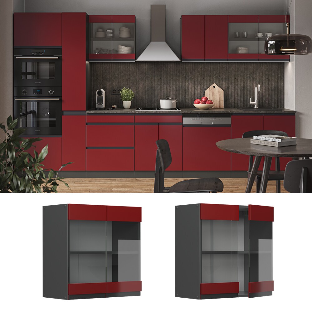 Vicco Glash&auml;ngeschrank K&uuml;chenschrank K&uuml;chenm&ouml;bel R-Line J-Shape Anthrazit Rot 60 cm modern - Bild 1