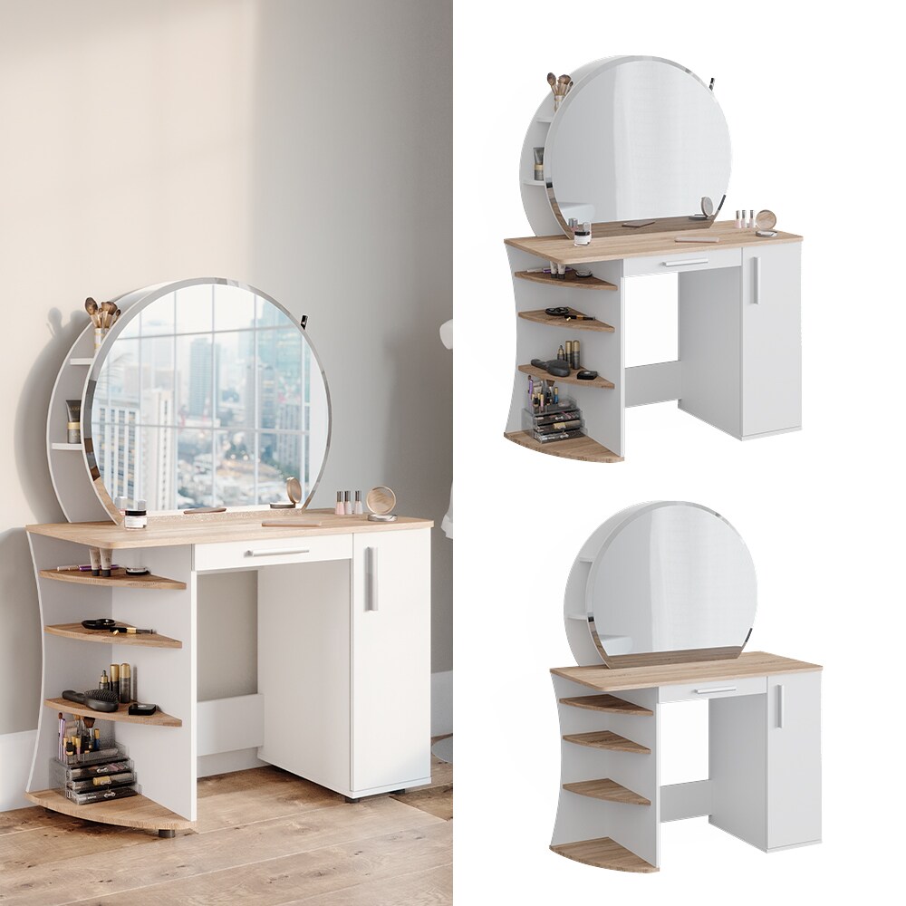 Vicco Schminktisch Frisiertisch Kosmetiktisch Almina Wei&szlig; Sonoma Schminkspiegel 100x143 modern Schlafzimmerkommode Schminkkommode Schublade Frisierkommode Make-Up-Tisch - Bild 1