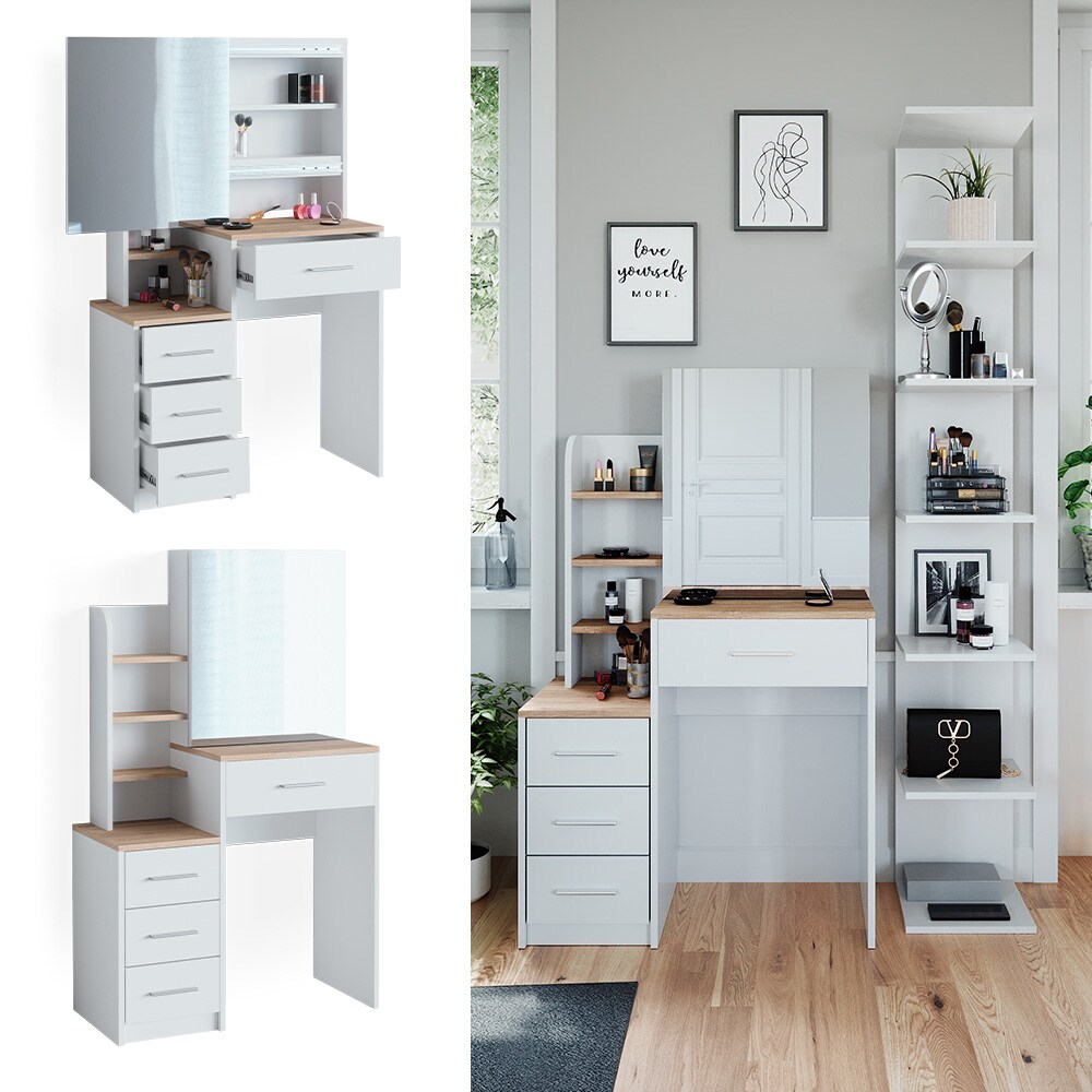 Vicco Schminktisch Frisiertisch Kosmetiktisch Conrada Weiß Sonoma Schminkspiegel 80×132 modern Schlafzimmerkommode Schminkkommode Schublade Spiegelschrank Frisierkommode Make-Up-Tisch | 04066731231621