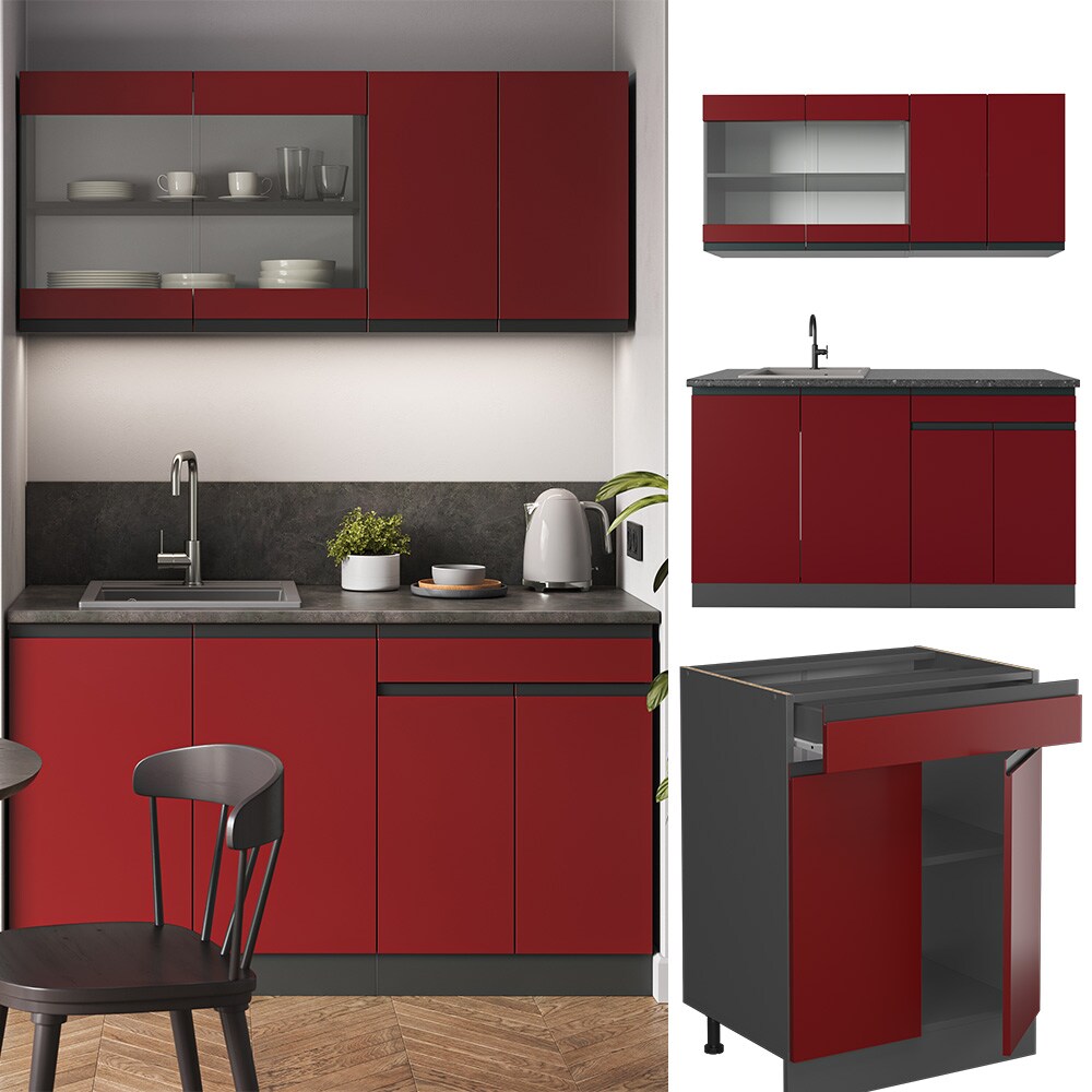 Vicco Küchenzeile Küchenblock Einbauküche R-Line J-Shape Anthrazit Rot 140 cm modern Küchenschränke Küchenmöbel