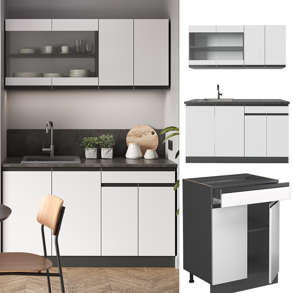 Vicco K&uuml;chenzeile K&uuml;chenblock Einbauk&uuml;che R-Line J-Shape Anthrazit Wei&szlig; 140 cm modern K&uuml;chenschr&auml;nke K&uuml;chenm&ouml;bel - Bild 1