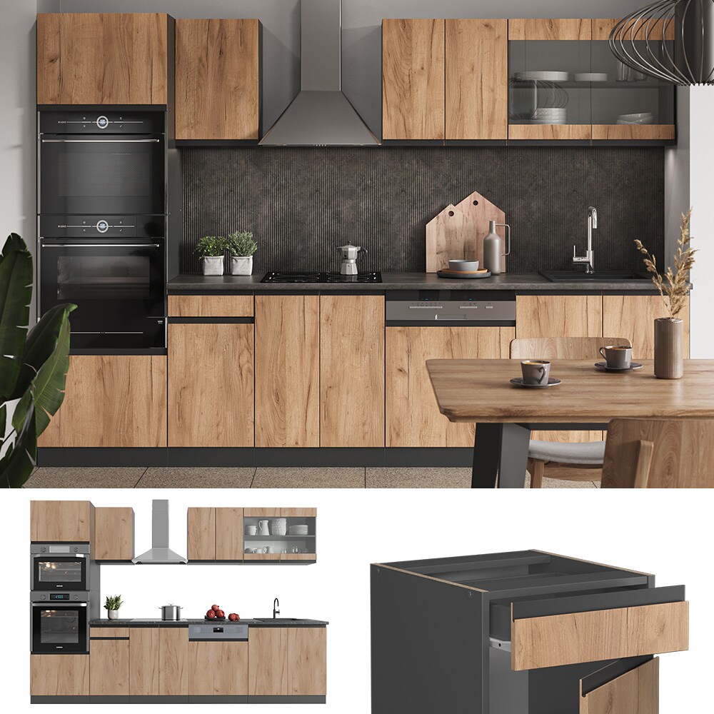 Vicco Küchenzeile Küchenblock Einbauküche R-Line J-Shape Anthrazit Eiche 300 cm modern Küchenschränke Küchenmöbel