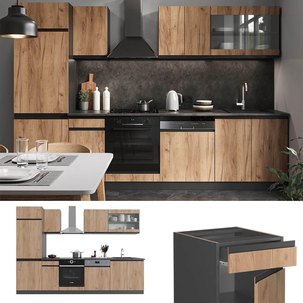 Vicco Küchenzeile Küchenblock Einbauküche R-Line J-Shape Anthrazit Eiche 300 cm modern Küchenschränke Küchenmöbel