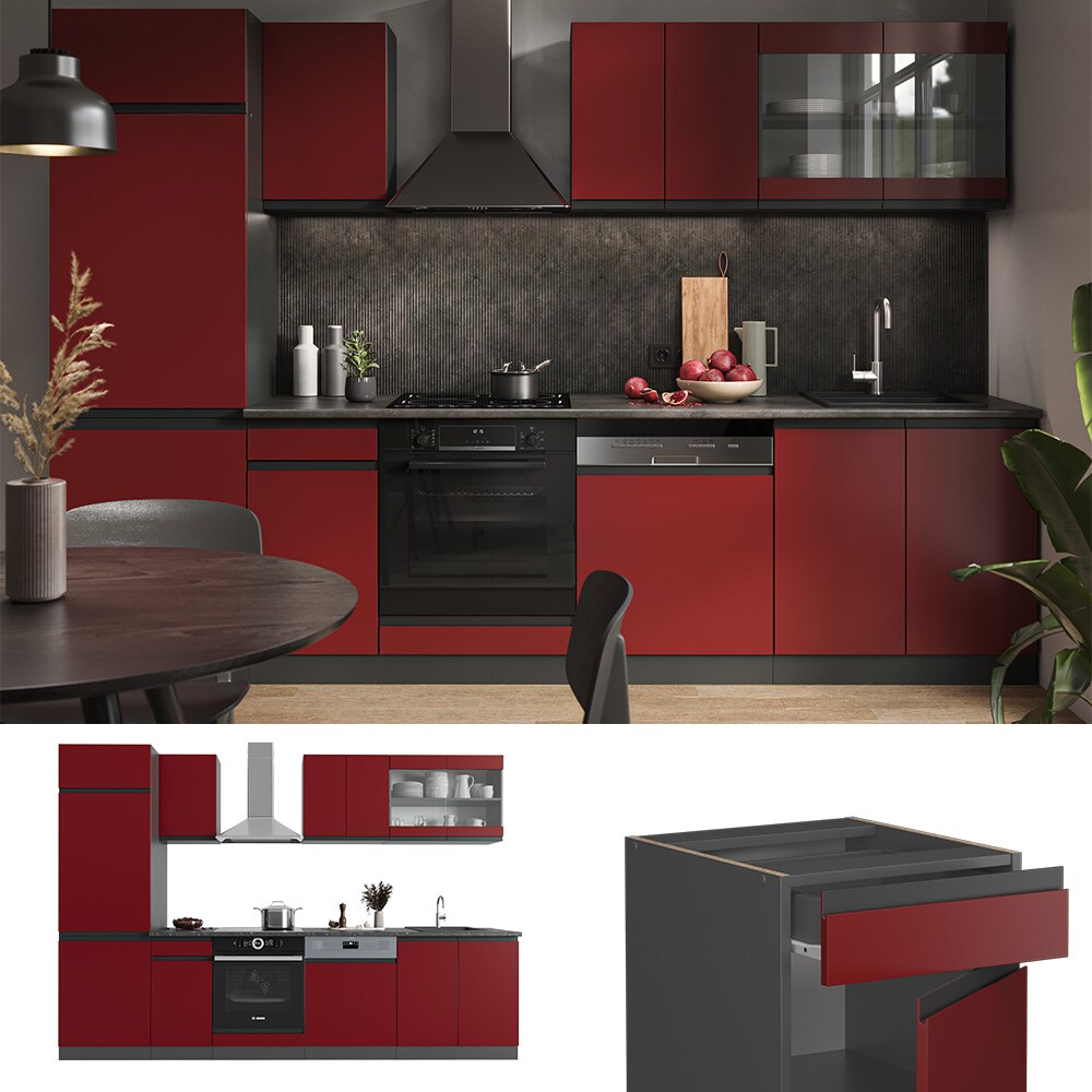 Vicco Küchenzeile Küchenblock Einbauküche R-Line J-Shape Anthrazit Rot 300 cm modern Küchenschränke Küchenmöbel