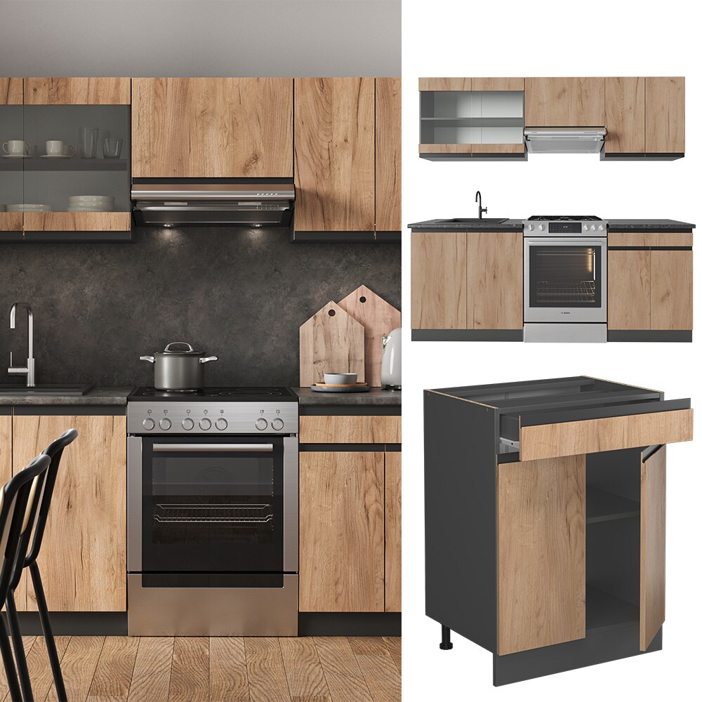 Vicco K&uuml;chenzeile K&uuml;chenblock Einbauk&uuml;che R-Line J-Shape Anthrazit Eiche 200 cm modern K&uuml;chenschr&auml;nke K&uuml;chenm&ouml;bel - Bild 1