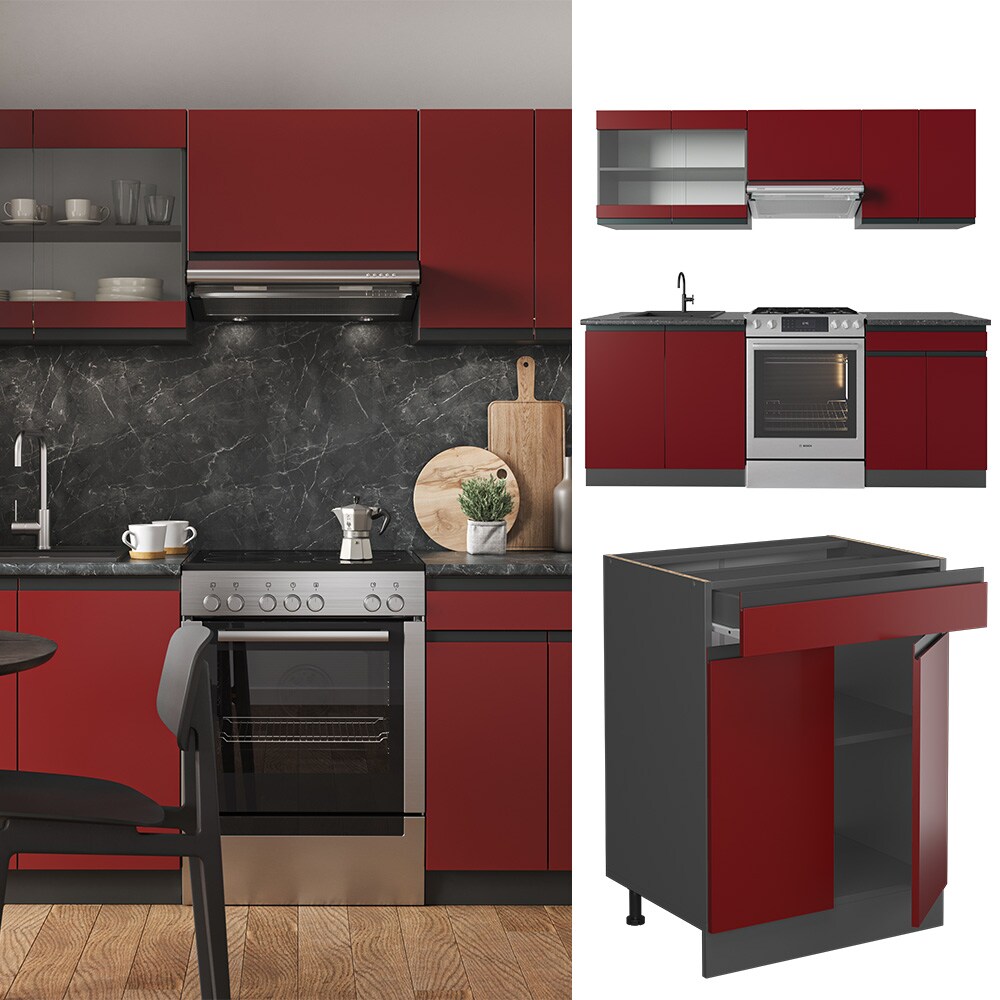 Vicco Küchenzeile Küchenblock Einbauküche R-Line J-Shape Anthrazit Rot 200 cm modern Küchenschränke Küchenmöbel