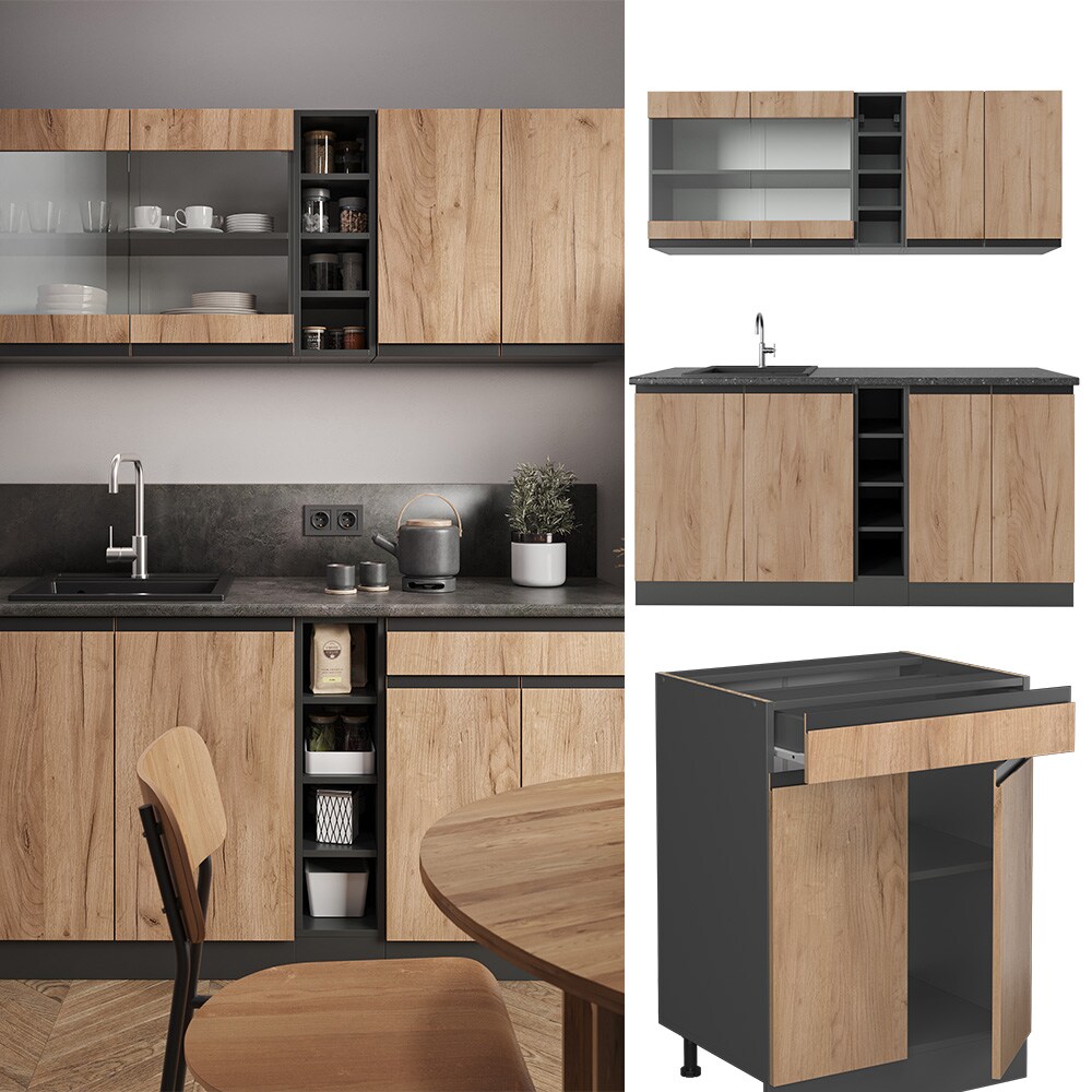 Vicco Küchenzeile Küchenblock Einbauküche R-Line J-Shape Anthrazit Eiche 160 cm modern Küchenschränke Küchenmöbel