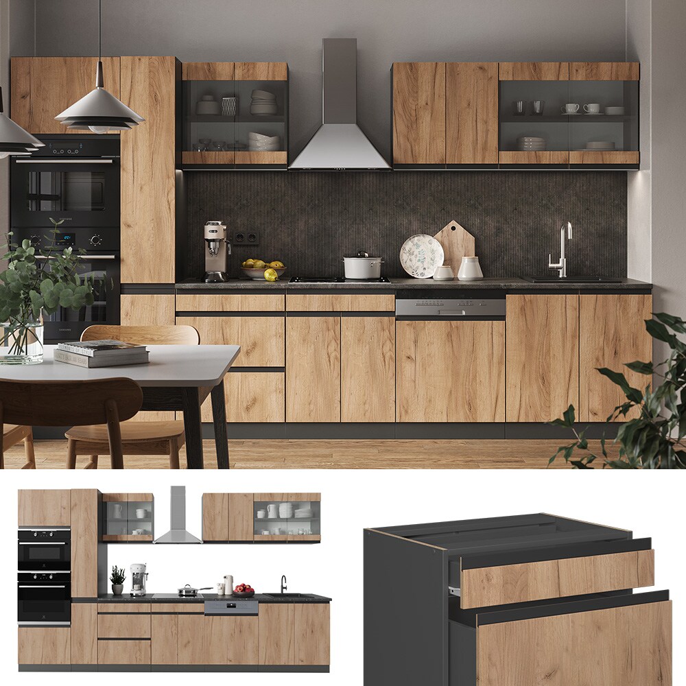 Vicco Küchenzeile Küchenblock Einbauküche R-Line J-Shape Anthrazit Eiche 350 cm modern Küchenschränke Küchenmöbel