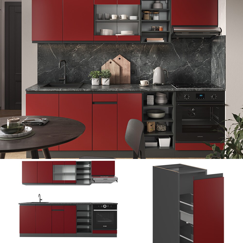 Vicco Küchenzeile Küchenblock Einbauküche R-Line J-Shape Anthrazit Rot 240 cm modern Küchenschränke Küchenmöbel