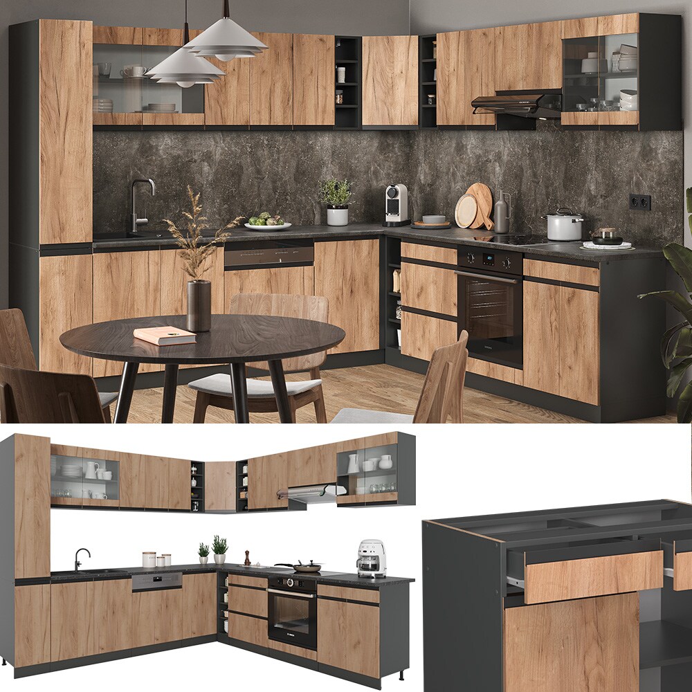 Vicco Eckküche Küchenblock Einbauküche R-Line J-Shape Anthrazit Eiche 277x257 cm modern Küchenschränke Küchenmöbel