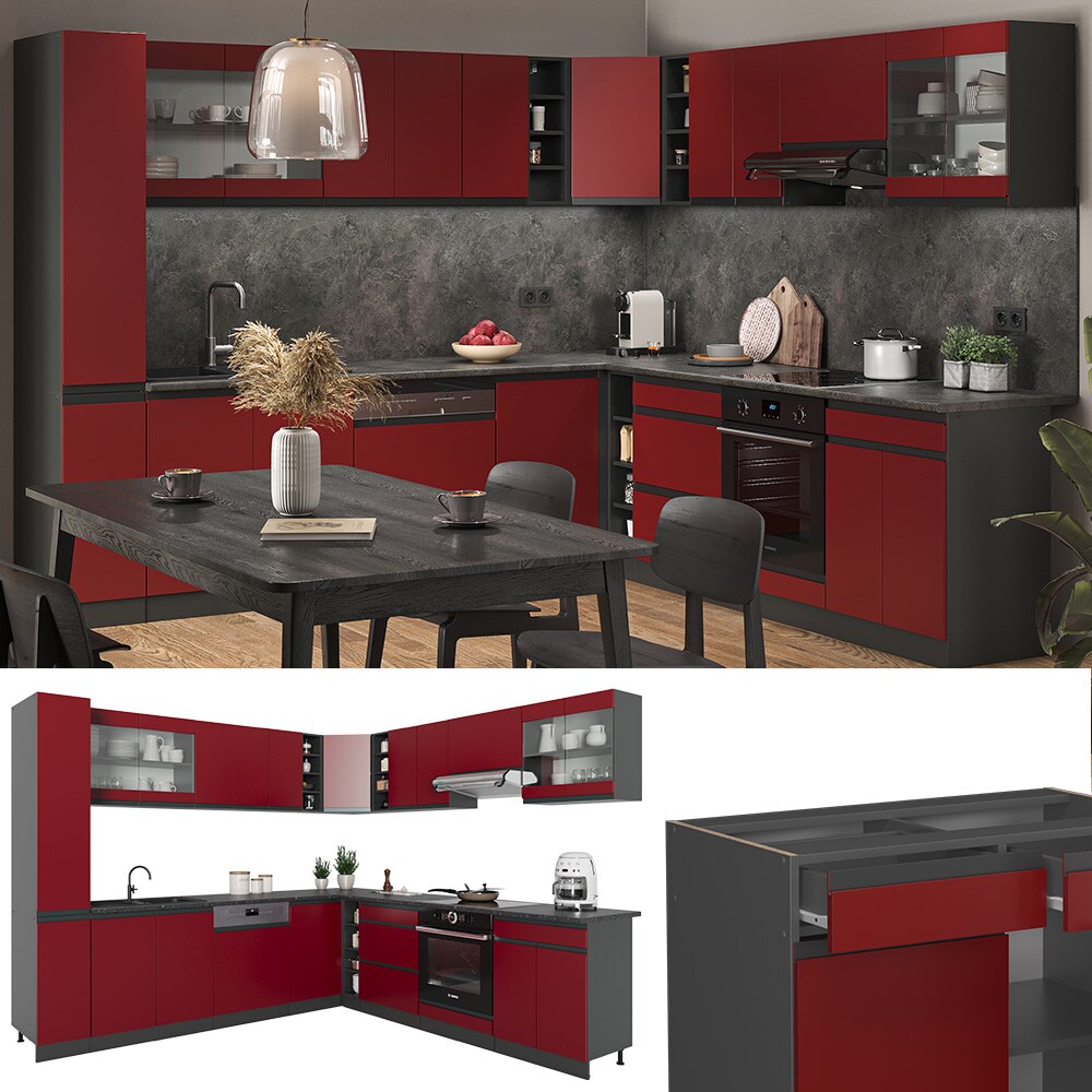 Vicco Eckküche Küchenblock Einbauküche R-Line J-Shape Anthrazit Rot 277x257 cm modern Küchenschränke Küchenmöbel