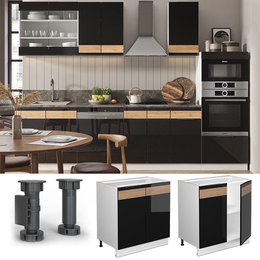 Vicco Unterschrank K&uuml;chenschrank K&uuml;chenm&ouml;bel Fame-Line Wei&szlig; Schwarz Eiche 80 cm modern Hochglanz - Bild 1