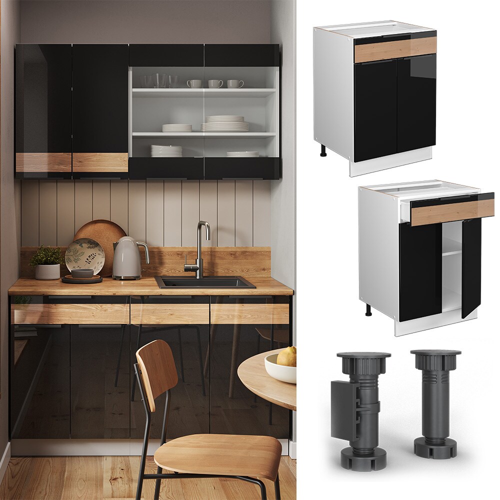 Vicco Schubunterschrank K&uuml;chenschrank K&uuml;chenm&ouml;bel Fame-Line Wei&szlig; Schwarz Eiche 60 cm modern Hochglanz - Bild 1