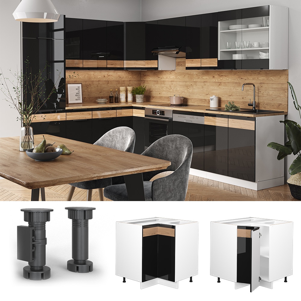 Vicco Eckunterschrank K&uuml;chenschrank K&uuml;chenm&ouml;bel Fame-Line Wei&szlig; Schwarz Eiche 81 cm modern Hochglanz - Bild 1