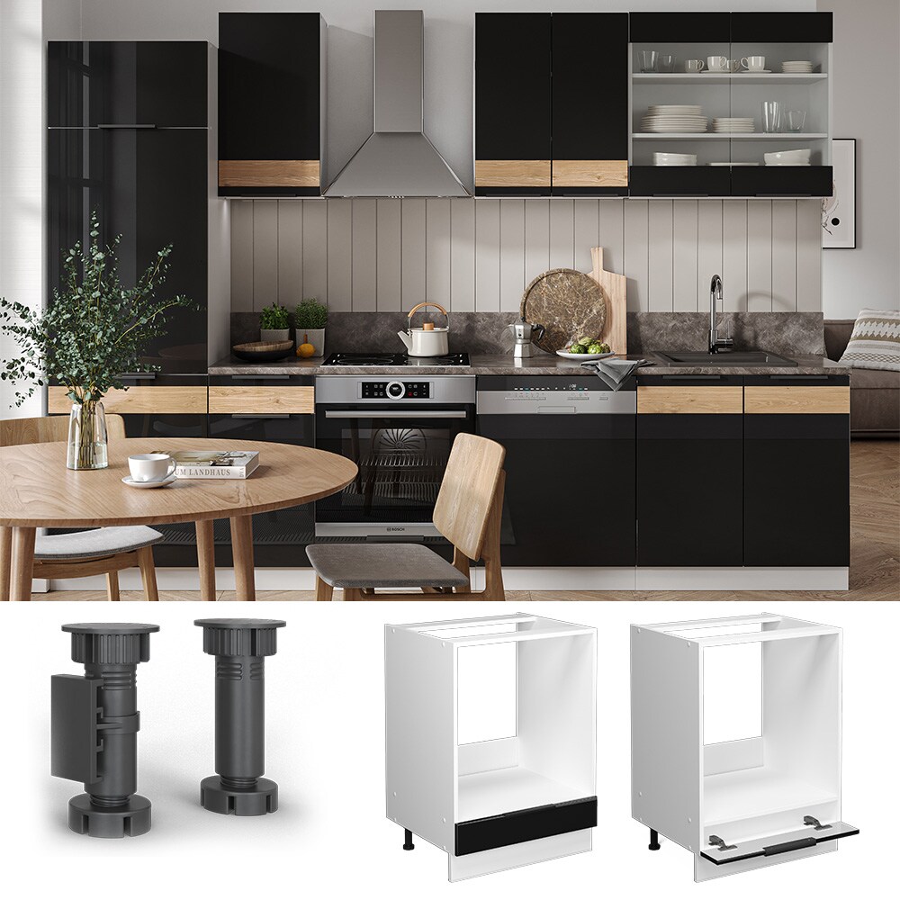 Vicco Herdschrank K&uuml;chenschrank K&uuml;chenm&ouml;bel Fame-Line Wei&szlig; Schwarz 60 cm modern Hochglanz - Bild 1