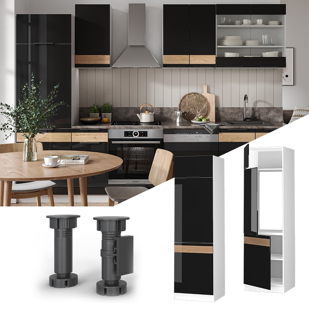 Vicco K&uuml;hlumbauschrank K&uuml;chenschrank K&uuml;chenm&ouml;bel Fame-Line Wei&szlig; Schwarz Eiche 60 cm modern Hochglanz - Bild 1