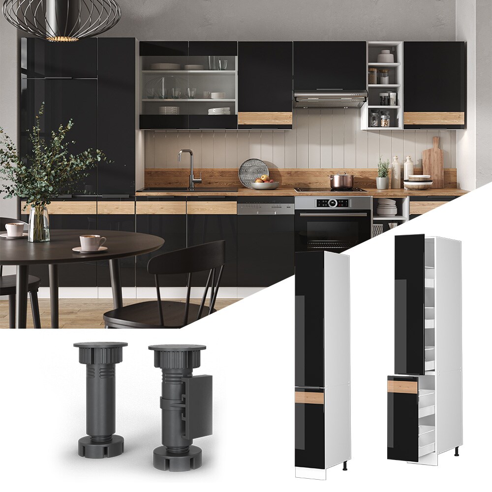 Vicco Apothekerhochschrank K&uuml;chenschrank K&uuml;chenm&ouml;bel Fame-Line Wei&szlig; Schwarz Eiche 30 cm modern Hochglanz - Bild 1