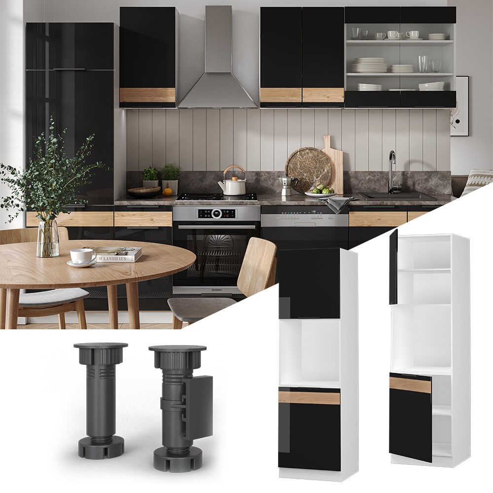 Vicco Herdhochschrank K&uuml;chenschrank K&uuml;chenm&ouml;bel Fame-Line Wei&szlig; Schwarz Eiche 60 cm modern Hochglanz - Bild 1