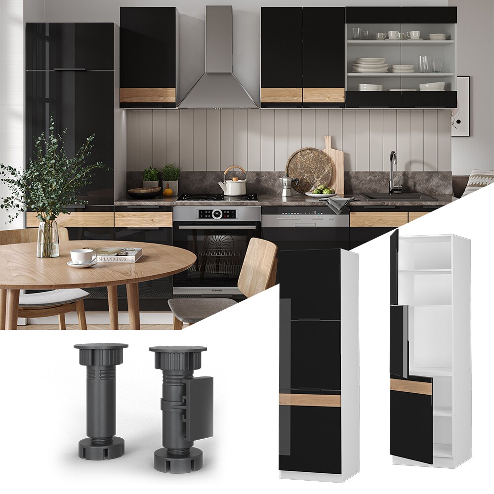 Vicco Herdhochschrank K&uuml;chenschrank K&uuml;chenm&ouml;bel Fame-Line Wei&szlig; Schwarz Eiche 60 cm modern Hochglanz - Bild 1