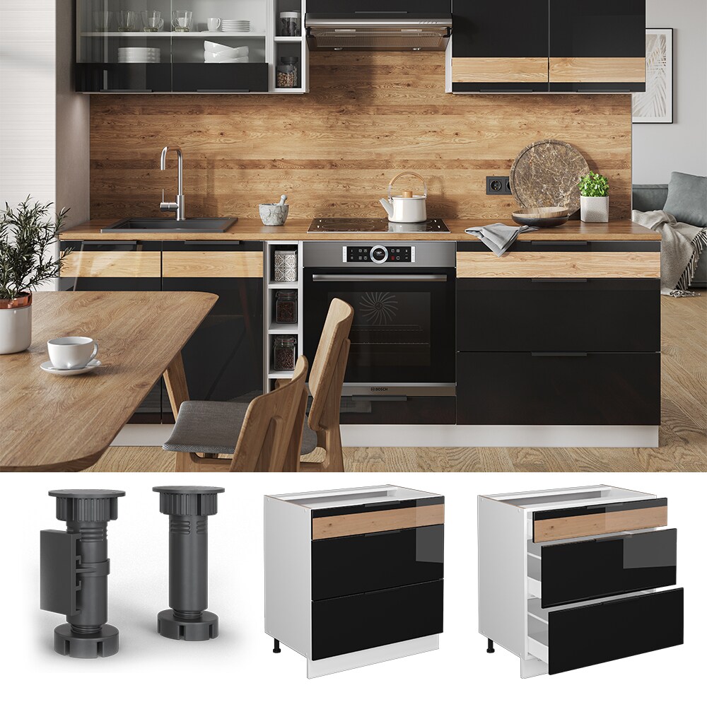 Vicco Schubladenunterschrank K&uuml;chenschrank K&uuml;chenm&ouml;bel Fame-Line Wei&szlig; Schwarz Eiche 80 cm modern Hochglanz - Bild 1