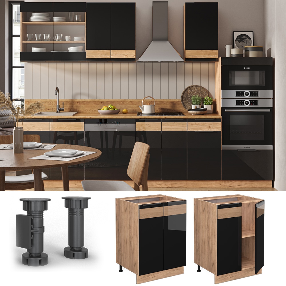 Vicco Unterschrank K&uuml;chenschrank K&uuml;chenm&ouml;bel Fame-Line Eiche Schwarz 60 cm modern Hochglanz - Bild 1