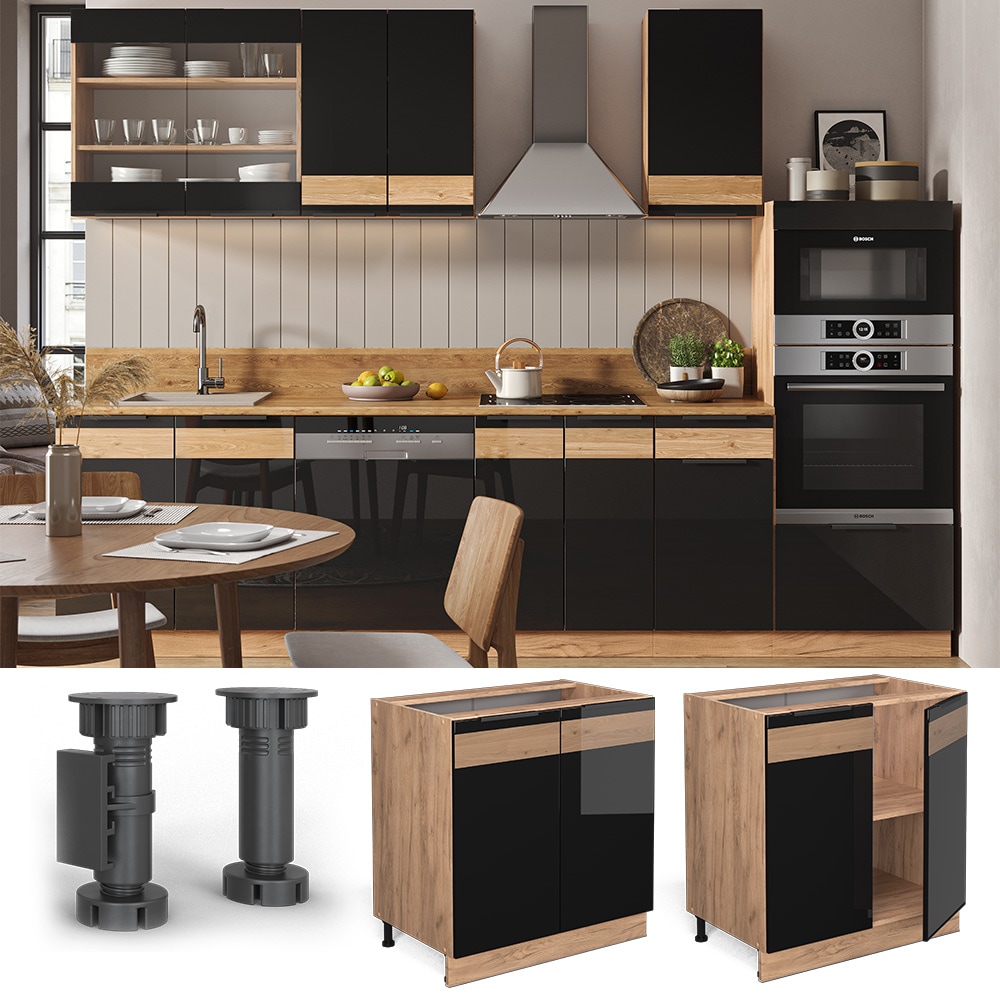 Vicco Unterschrank K&uuml;chenschrank K&uuml;chenm&ouml;bel Fame-Line Eiche Schwarz 80 cm modern Hochglanz - Bild 1