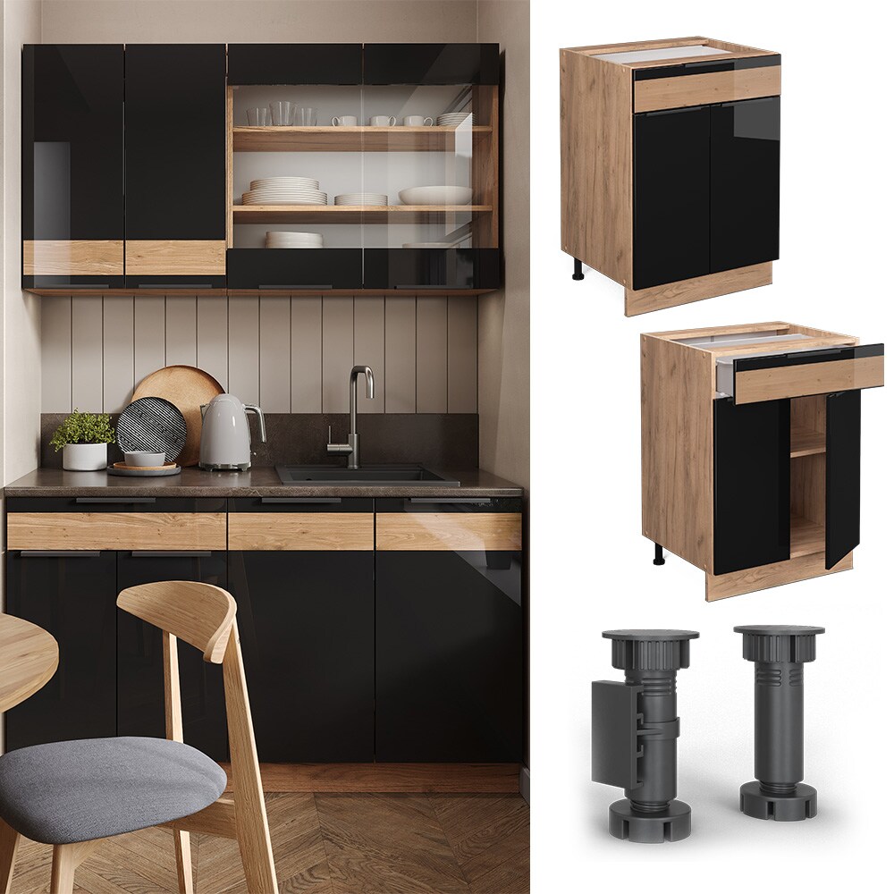 Vicco Schubunterschrank K&uuml;chenschrank K&uuml;chenm&ouml;bel Fame-Line Eiche Schwarz 60 cm modern Hochglanz - Bild 1