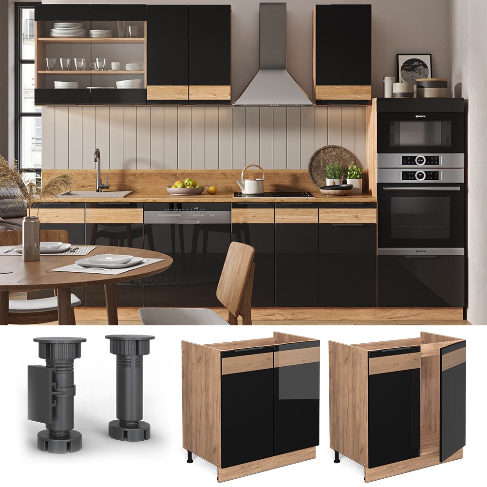 Vicco Sp&uuml;lenunterschrank K&uuml;chenschrank K&uuml;chenm&ouml;bel Fame-Line Eiche Schwarz 80 cm modern Hochglanz - Bild 1