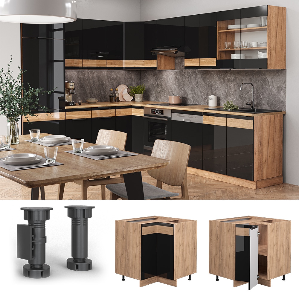 Vicco Eckunterschrank K&uuml;chenschrank K&uuml;chenm&ouml;bel Fame-Line Eiche Schwarz 81 cm modern Hochglanz - Bild 1