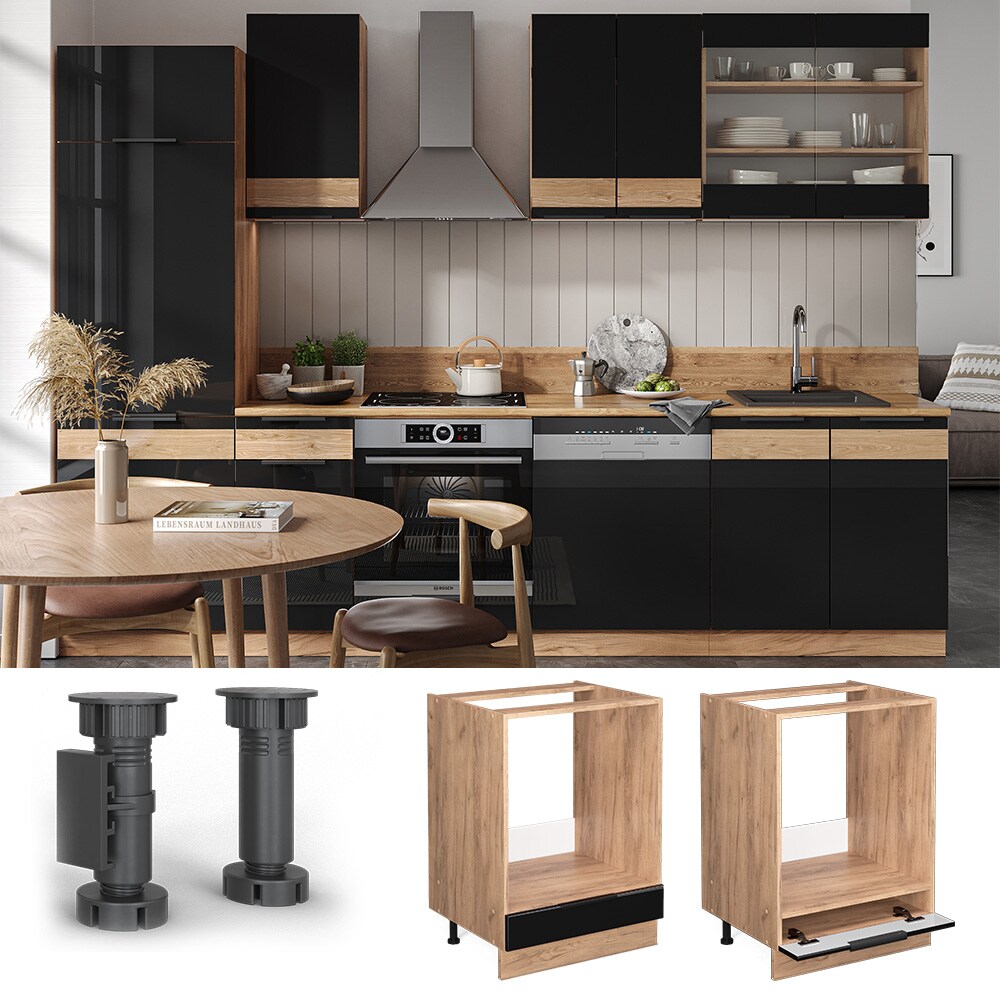 Vicco Herdschrank K&uuml;chenschrank K&uuml;chenm&ouml;bel Fame-Line Eiche Schwarz 60 cm modern Hochglanz - Bild 1