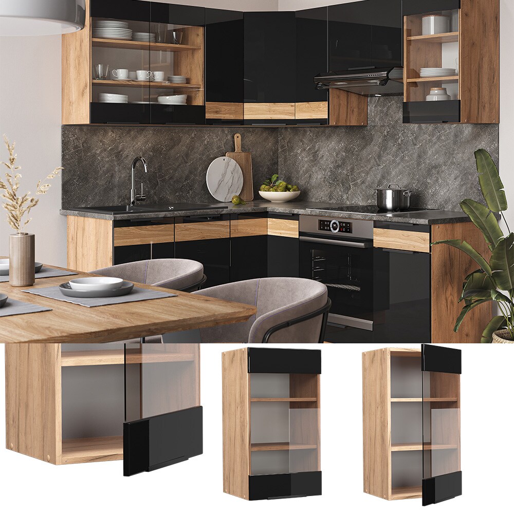 Vicco Glash&auml;ngeschrank K&uuml;chenschrank K&uuml;chenm&ouml;bel Fame-Line Eiche Schwarz 40 cm modern Hochglanz - Bild 1