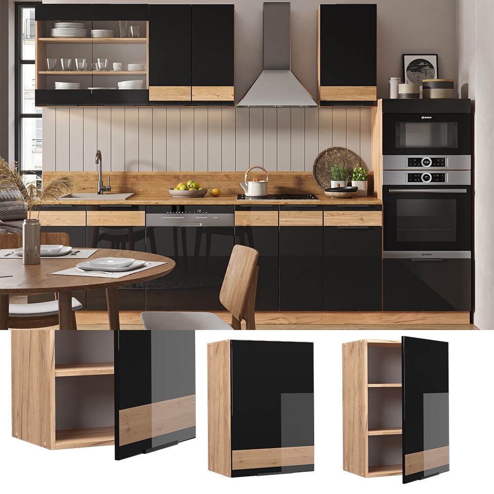 Vicco H&auml;ngeschrank K&uuml;chenschrank K&uuml;chenm&ouml;bel Fame-Line Eiche Schwarz 50 cm modern Hochglanz - Bild 1