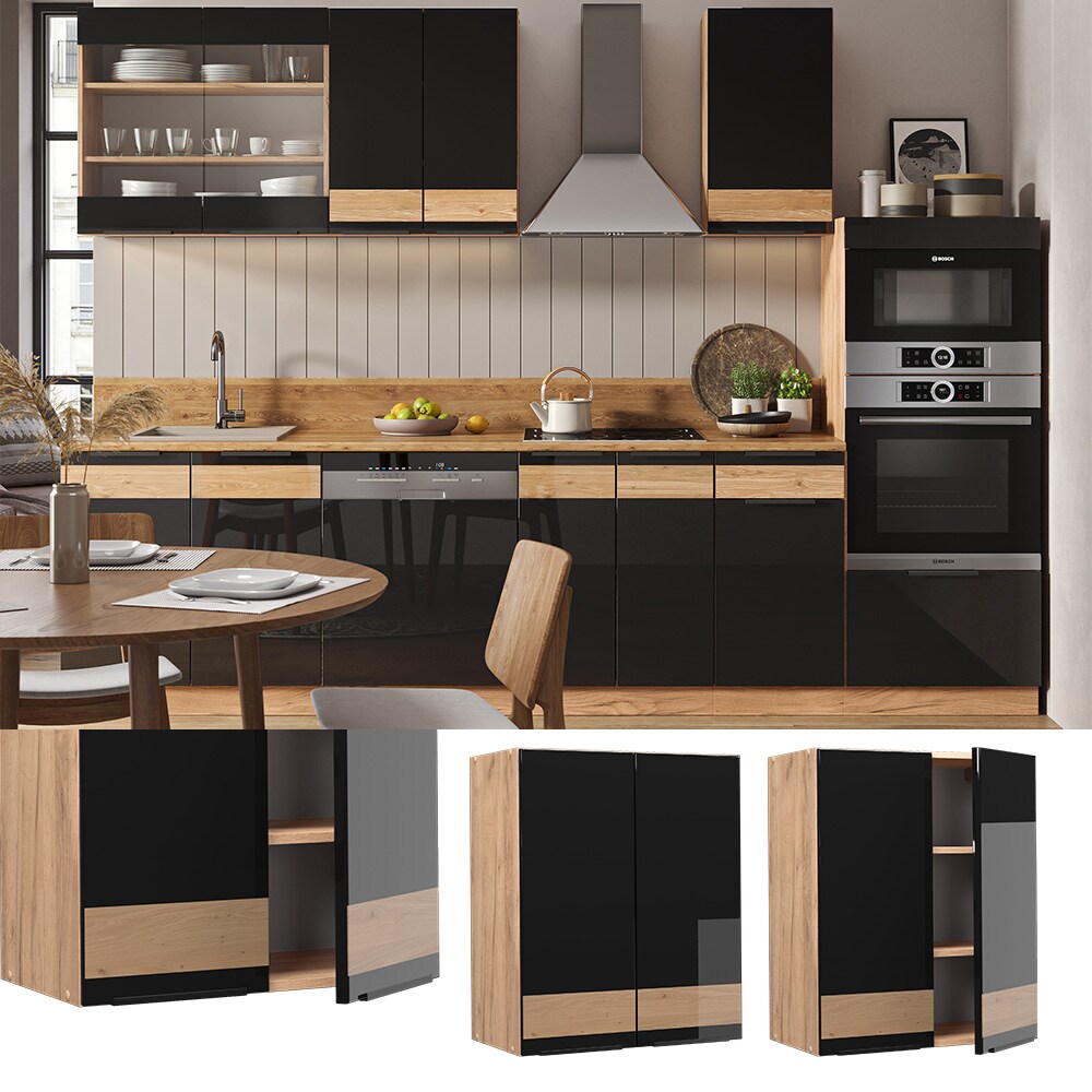 Vicco H&auml;ngeschrank K&uuml;chenschrank K&uuml;chenm&ouml;bel Fame-Line Eiche Schwarz 60 cm modern Hochglanz - Bild 1
