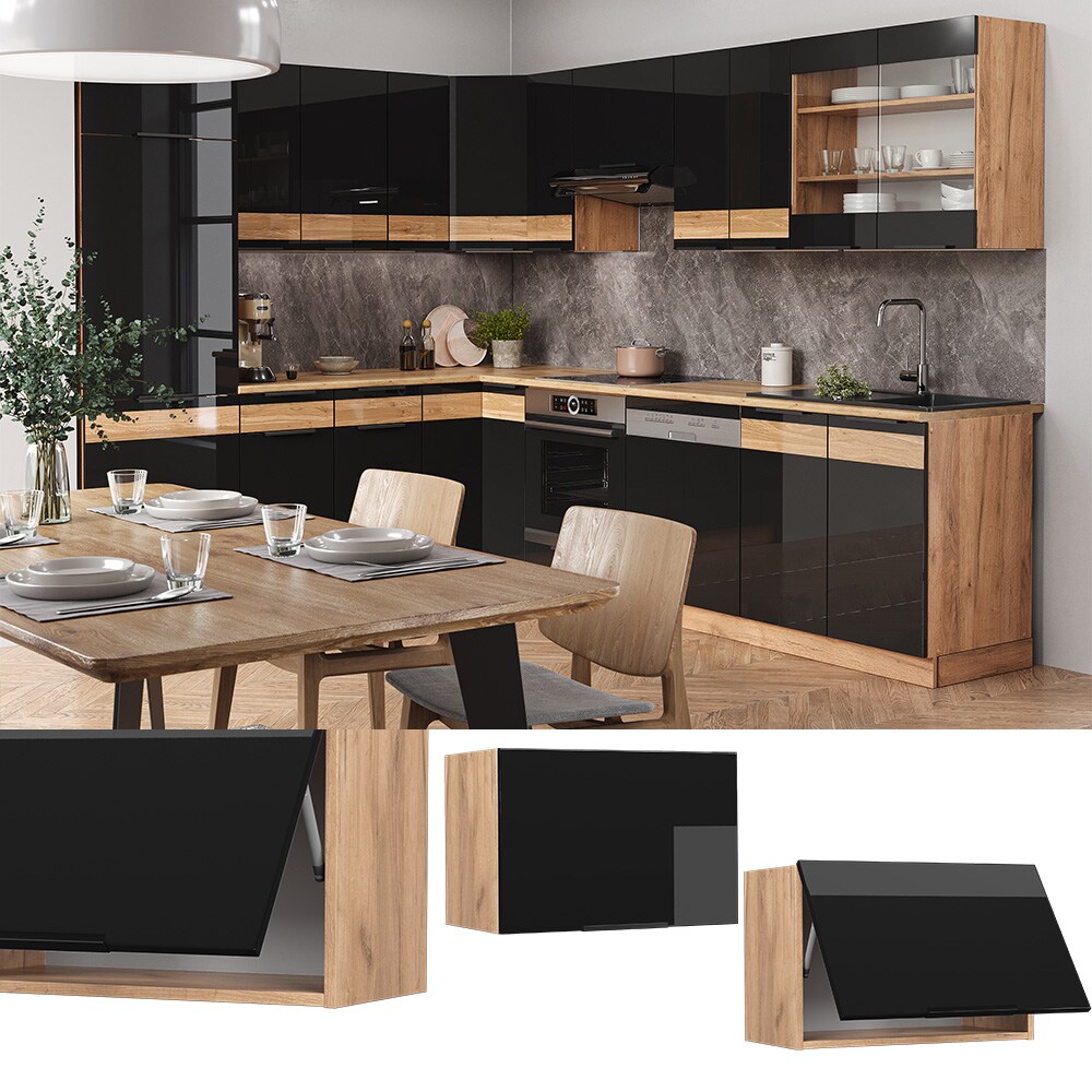 Vicco H&auml;ngeschrank K&uuml;chenschrank K&uuml;chenm&ouml;bel Fame-Line Eiche Schwarz 60 cm flach modern Hochglanz - Bild 1
